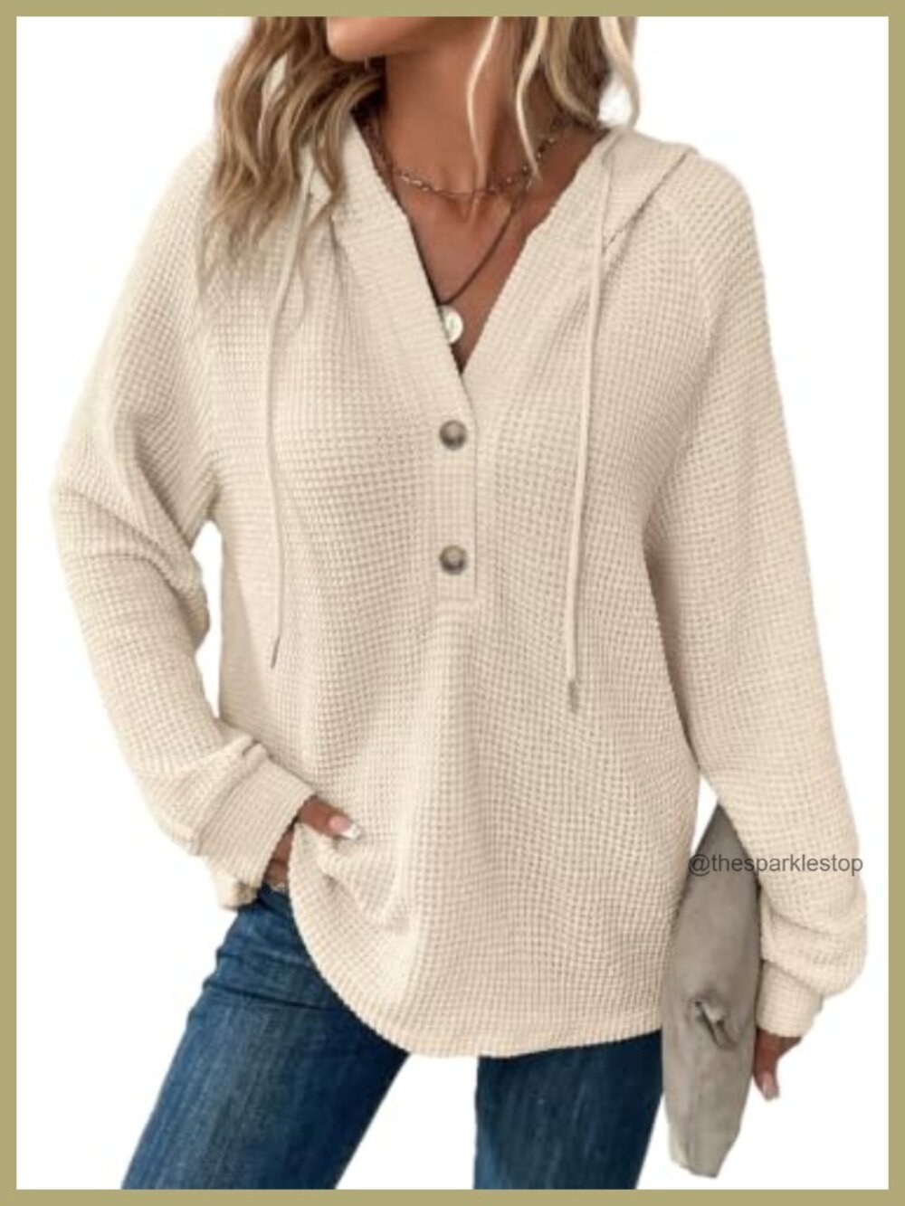 Waffle Knit Hoodie Womens Button V Neck Oversized Sweatshirt
